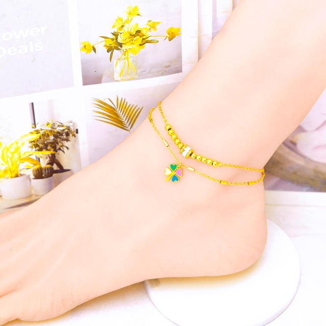 Korean fashion good luck bead green clover stainelss steel anklet