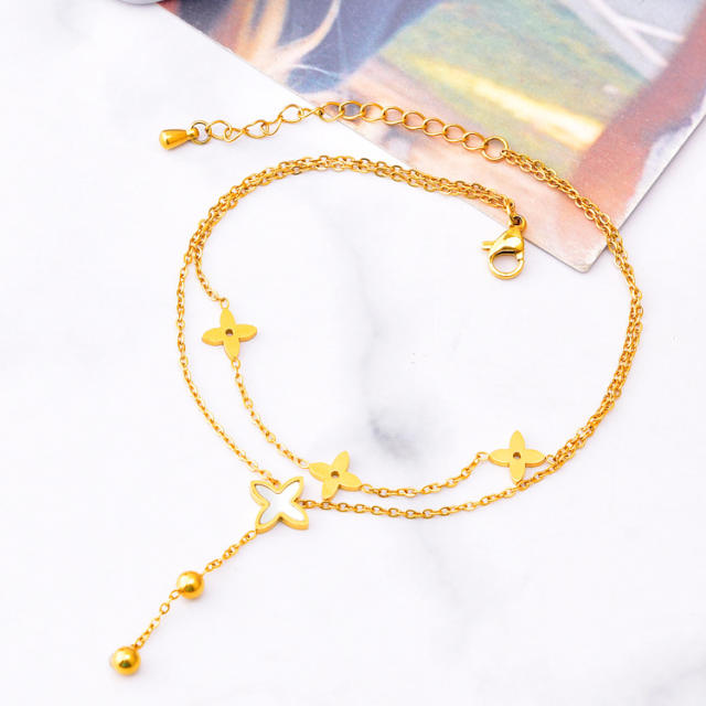 Korean fashion two layer white clover tassel stainless steel anklet