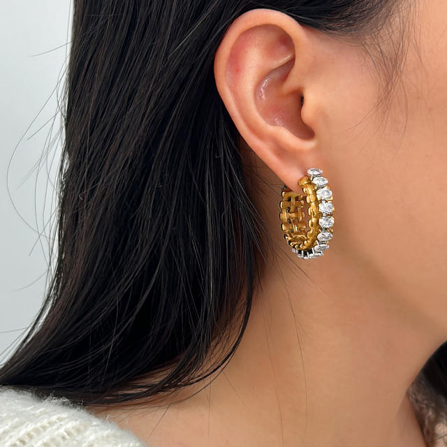 18KG diamond open hoop stainless steel earrings