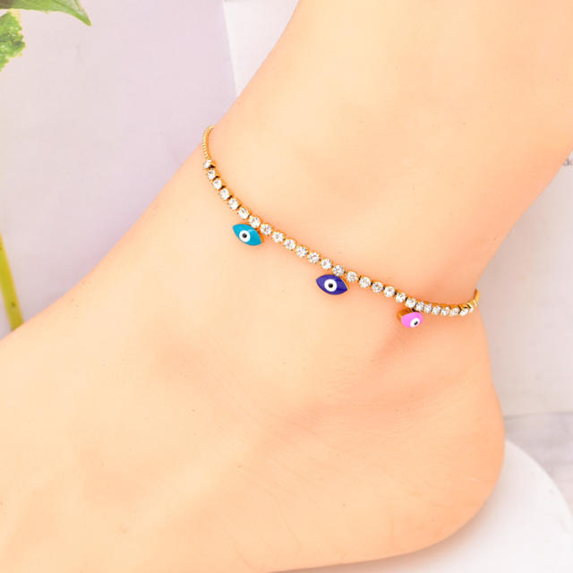 Color enamel evil eye flower charm diamond stainless steel anklet