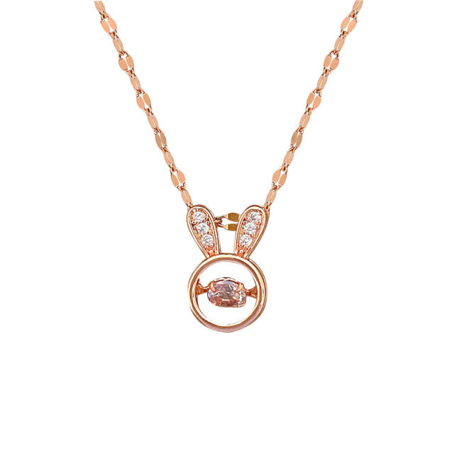 Rose gold color rotatable diamond rabbit pendant stainless steel chain necklace