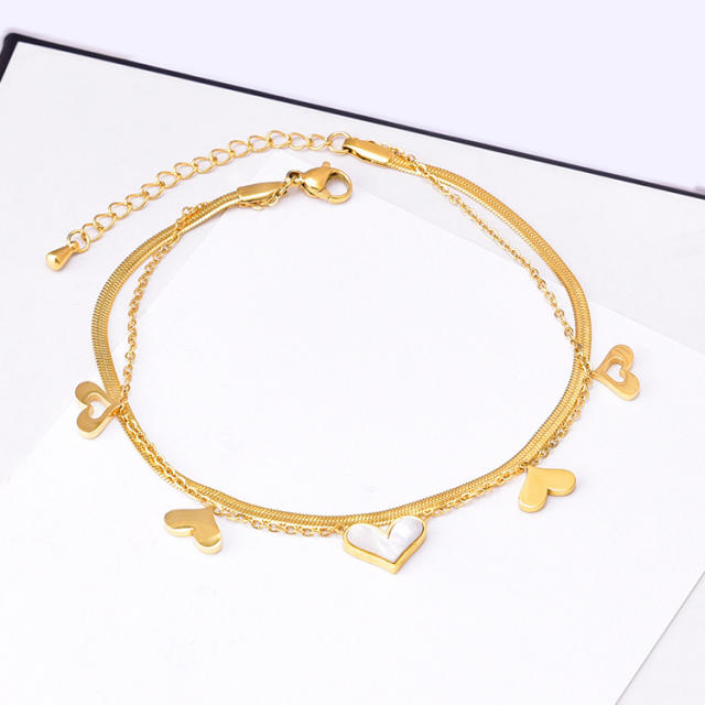 Sweet two layer snake chain heart stainless steel anklet
