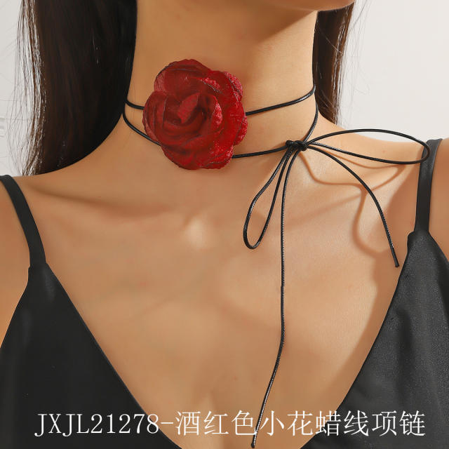 Vintage rose flower wax rope strappy choker necklace