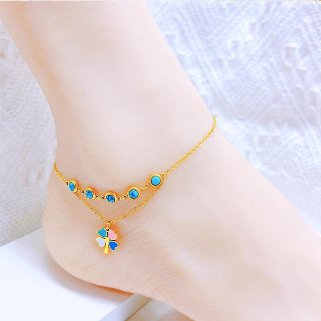 Korean fashion turquoise bead life tree clover stainless steel anklet