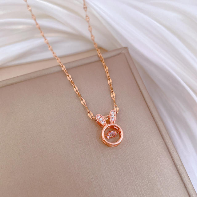 Rose gold color rotatable diamond rabbit pendant stainless steel chain necklace