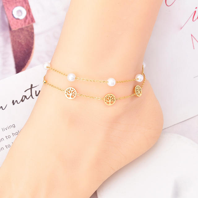 Korean fashion two layer pearl bead butterfly stainless steel anklet