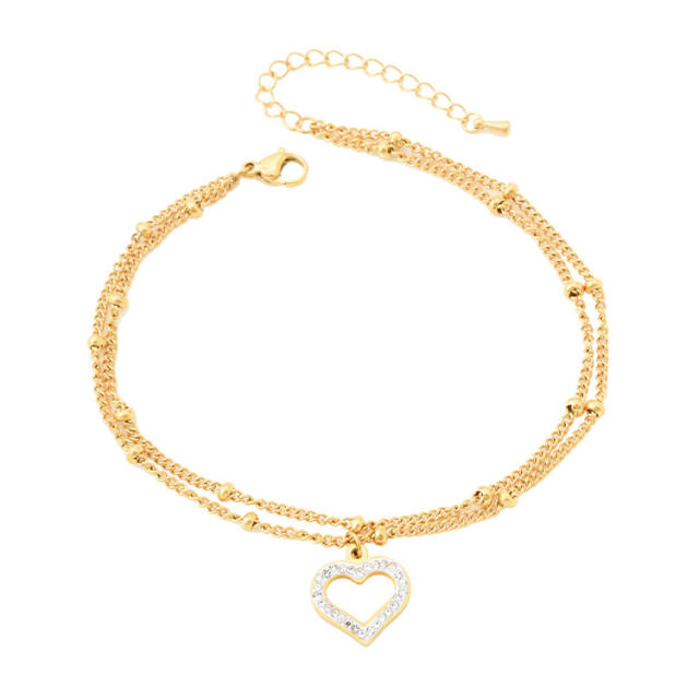 Sweet diamond heart two layer stainless steel anklet