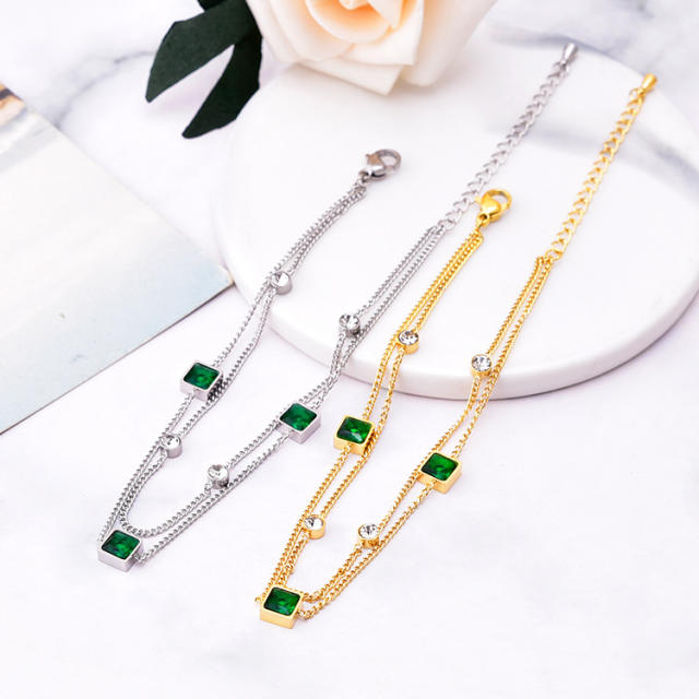 Elegant two layer emerald statement stainless steel anklet