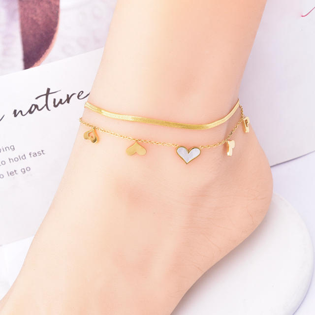 Sweet two layer snake chain heart stainless steel anklet