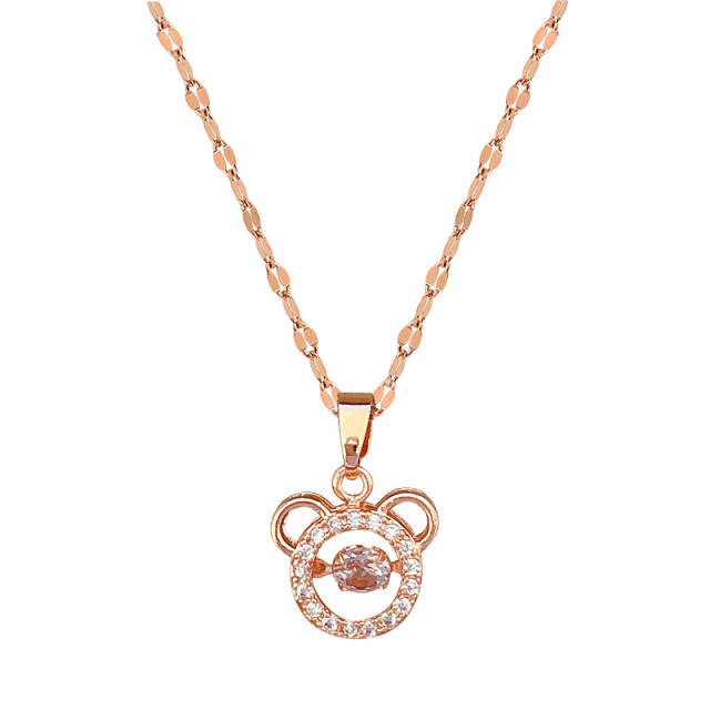 Cute diamond bear head pendant stainless steel chain necklace