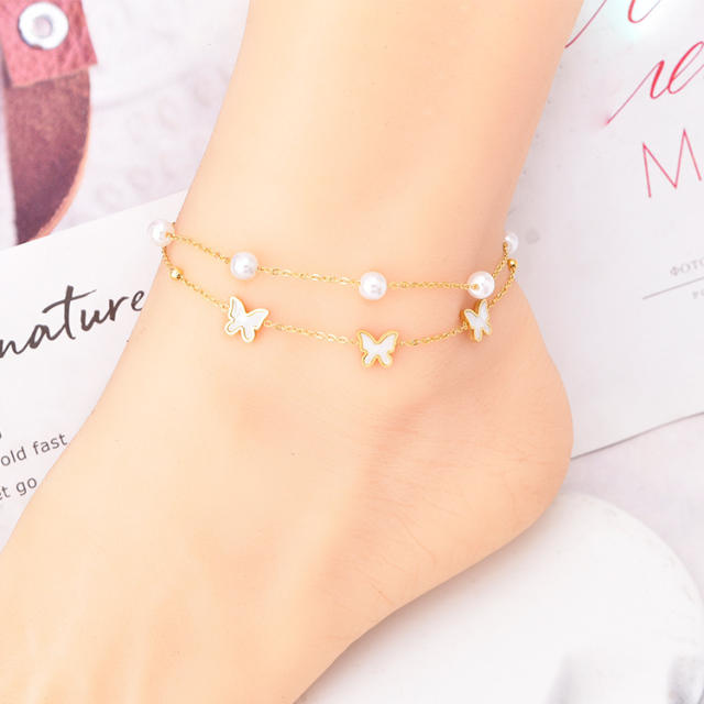 Korean fashion two layer pearl bead butterfly stainless steel anklet