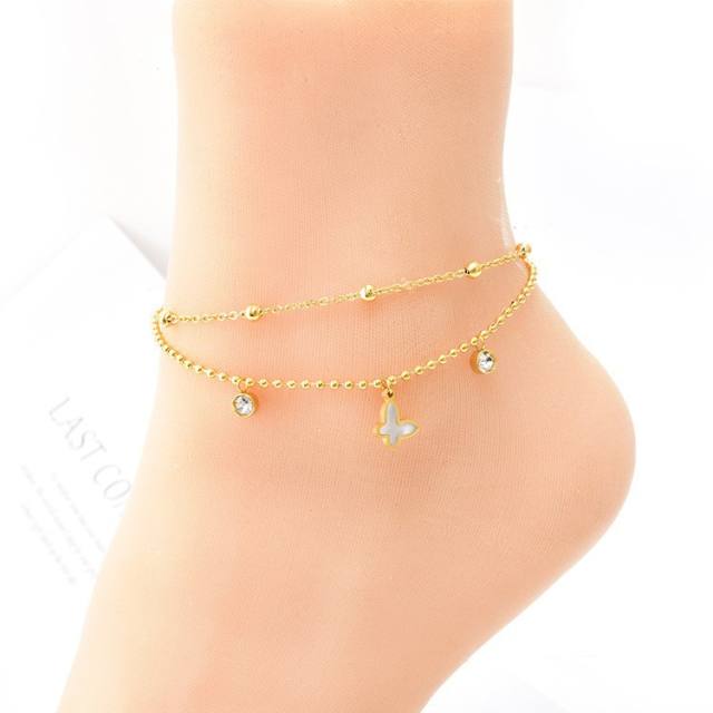 Korean fashion two layer mother shell clover stainless steel anklet