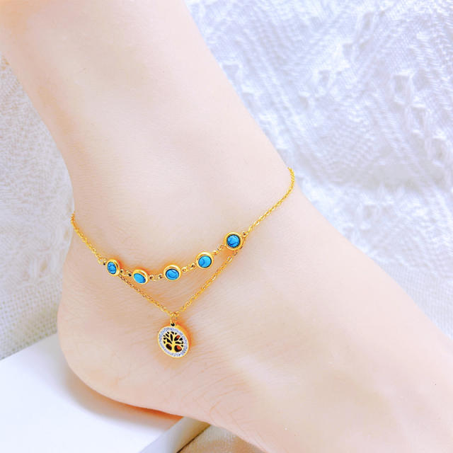 Korean fashion turquoise bead life tree clover stainless steel anklet
