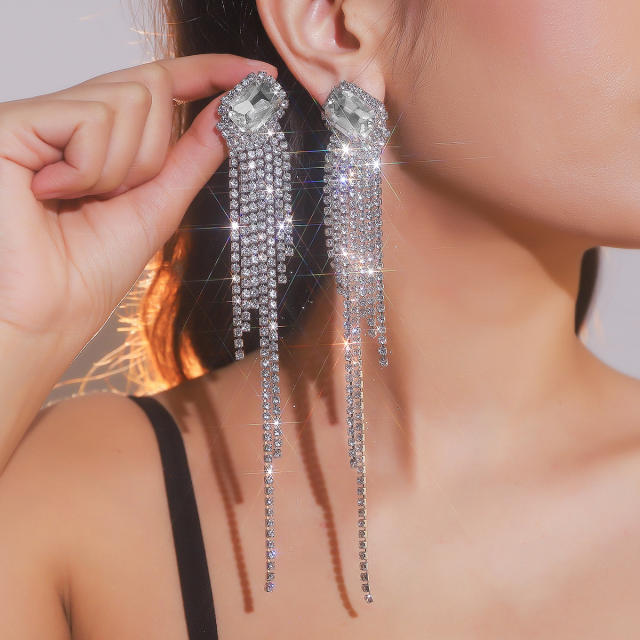 Luxury elegant diamond tassel long earrings