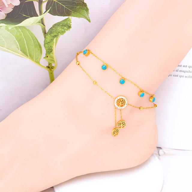 Boho turquoise bead butterfly life tree stainless steel anklet