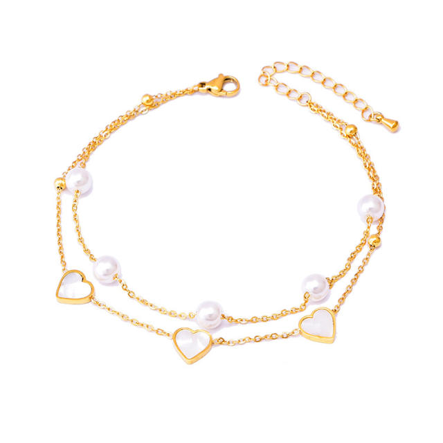 Korean fashion two layer pearl bead butterfly stainless steel anklet