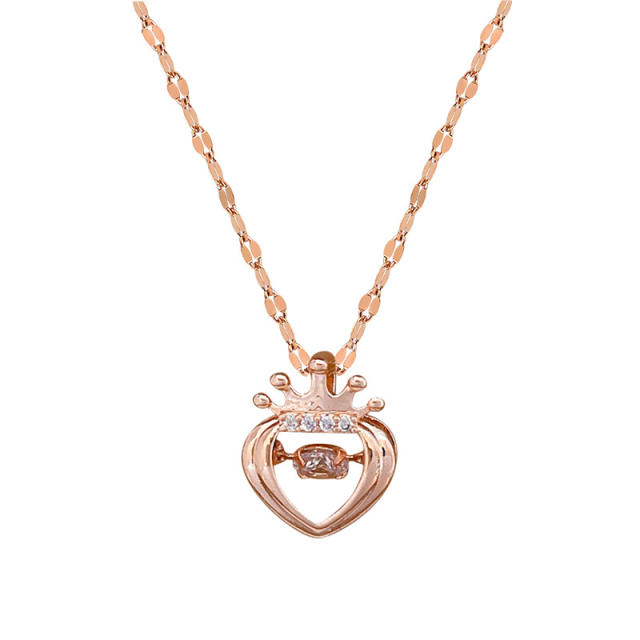 Dainty diamond crown heart stainless steel chain necklace