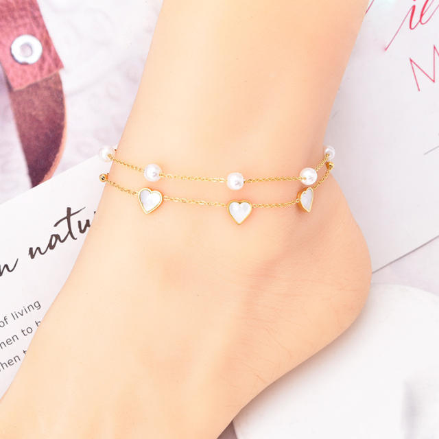 Korean fashion two layer pearl bead butterfly stainless steel anklet