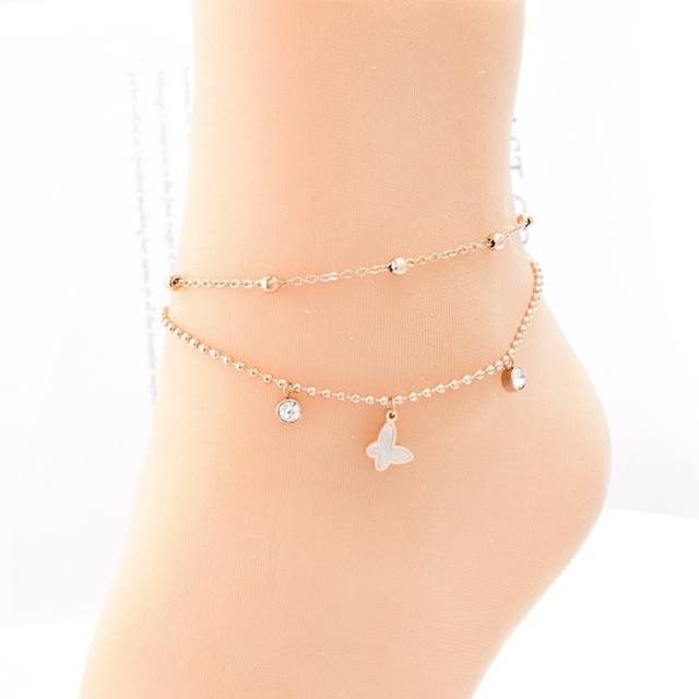 Korean fashion two layer mother shell clover stainless steel anklet