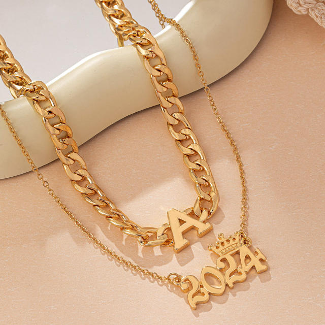 Chunky initial letter 2024 two layer cuban link chain necklace