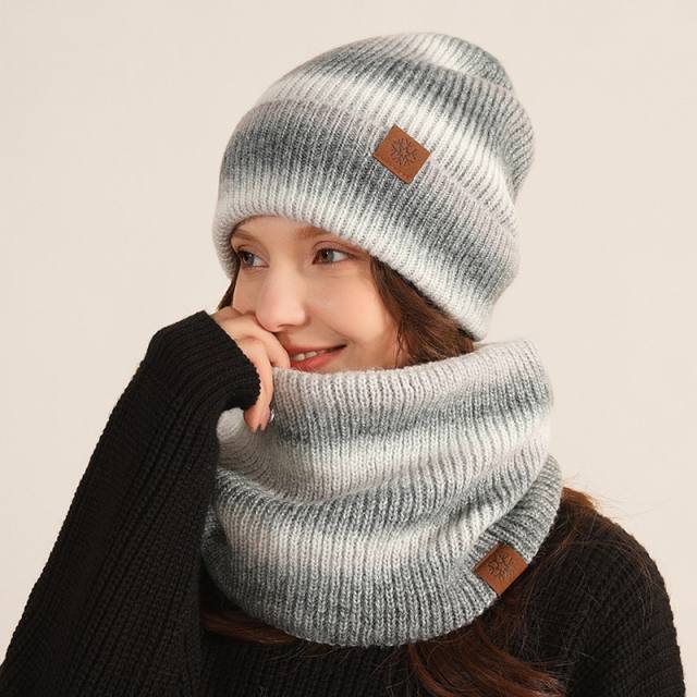 Occident fashion gradient color knitted beanie cap scarf set