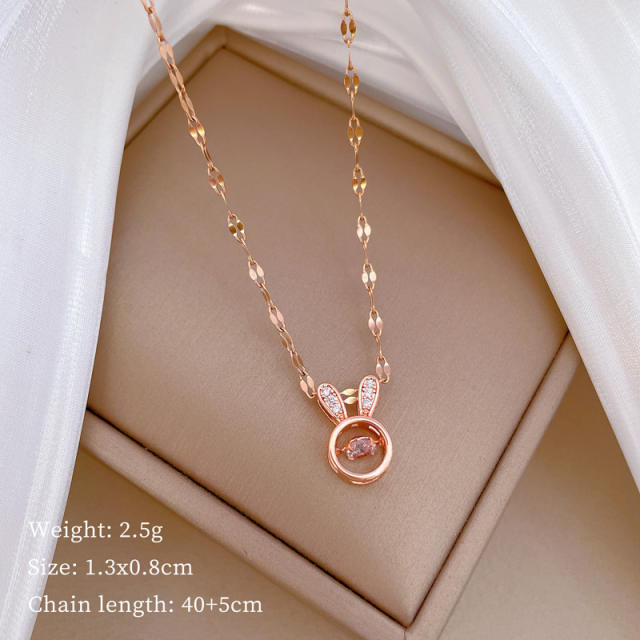 Rose gold color rotatable diamond rabbit pendant stainless steel chain necklace