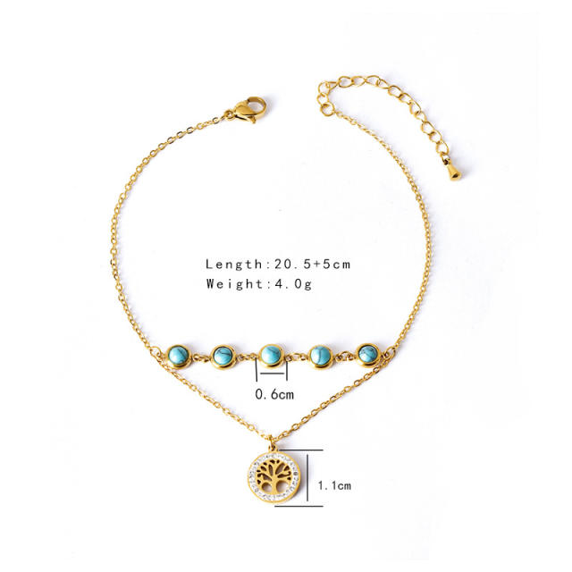 Korean fashion turquoise bead life tree clover stainless steel anklet