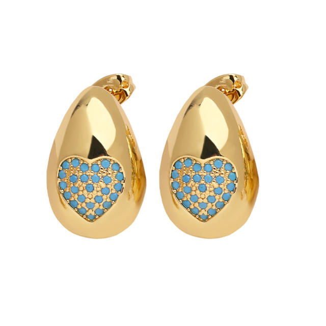 Hot sale colorful diamond heart water drop gold plated copper earrings