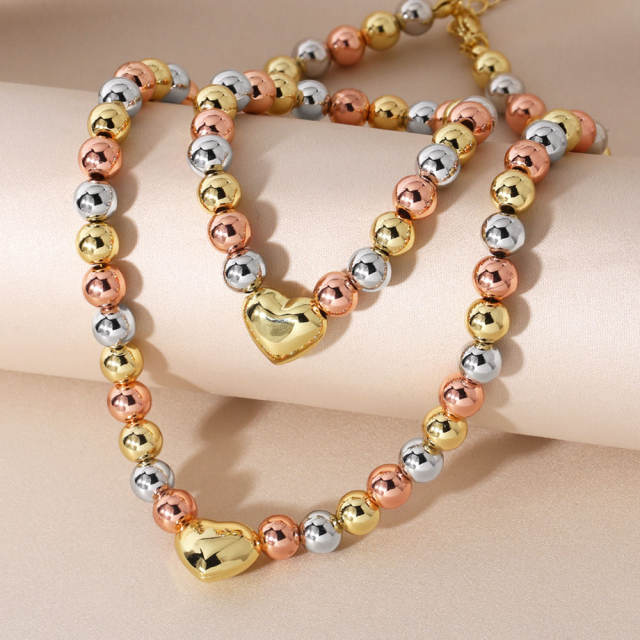 Hiphop mix color gold plated ball bead chain heart necklace bracelet set