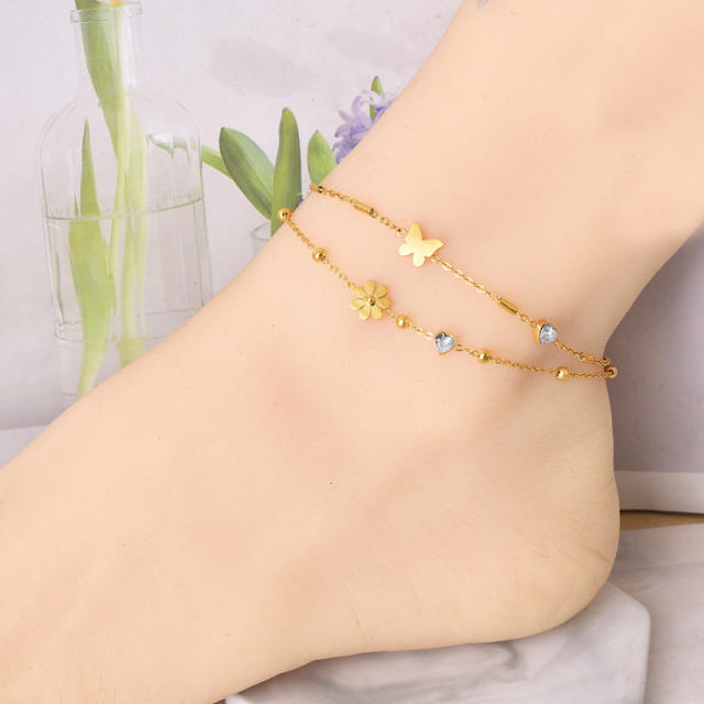 Summer delicate two layer heart flower stainless steel anklet