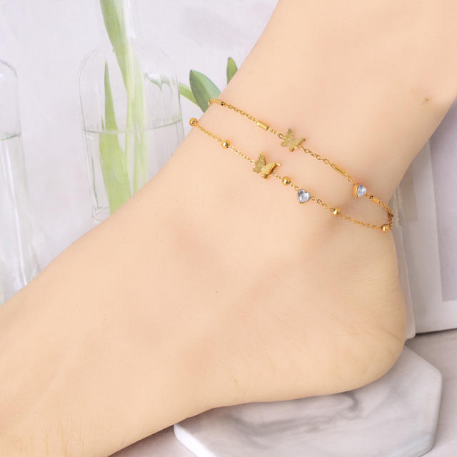 Summer delicate two layer heart flower stainless steel anklet