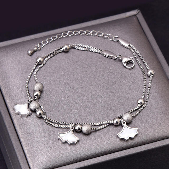 Korean fashion ginkgo leaf charm frosted bead two layer stainless steel anklet