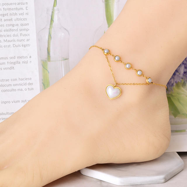 Fashionbale heart butterfly charm pearl bead stainless steel anklet