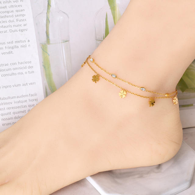 Delicate two layer cartoon heart flower stainless steel anklet