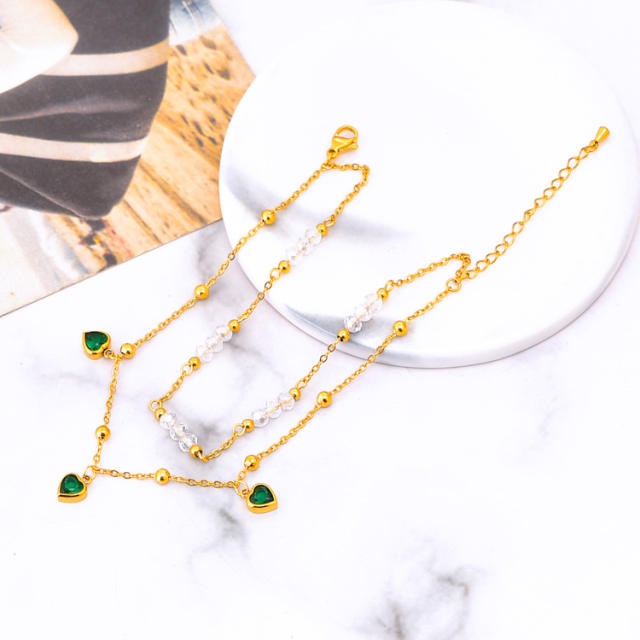 Korean fashion two layer emerald charm stainless steel anklet