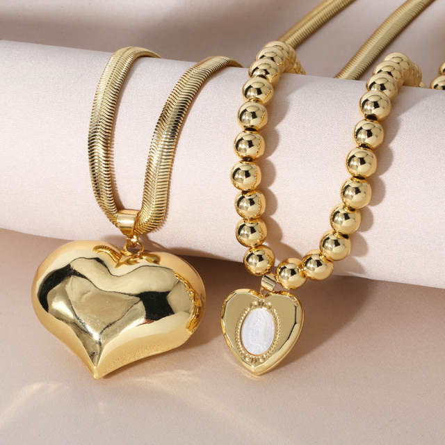 Hiphop chunky heart ball bead pendant gold plated copper necklace