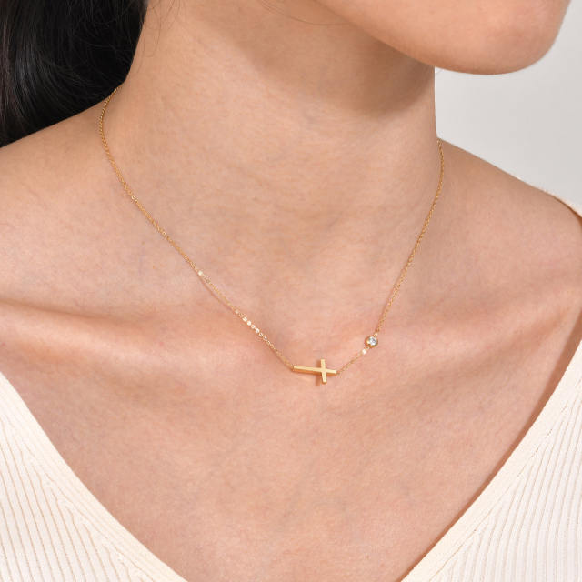 Dainty rhinestone side cross bar stainless steel necklace