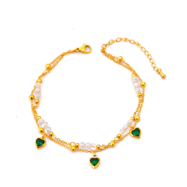Korean fashion two layer emerald charm stainless steel anklet
