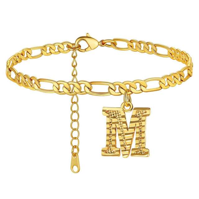 Hot sale cuban link chain initial letter charm stainless steel anklet