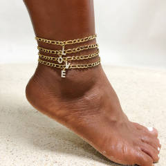Initial letter charm figaro chain stainless steel anklet