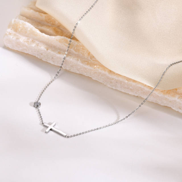 Dainty rhinestone side cross bar stainless steel necklace