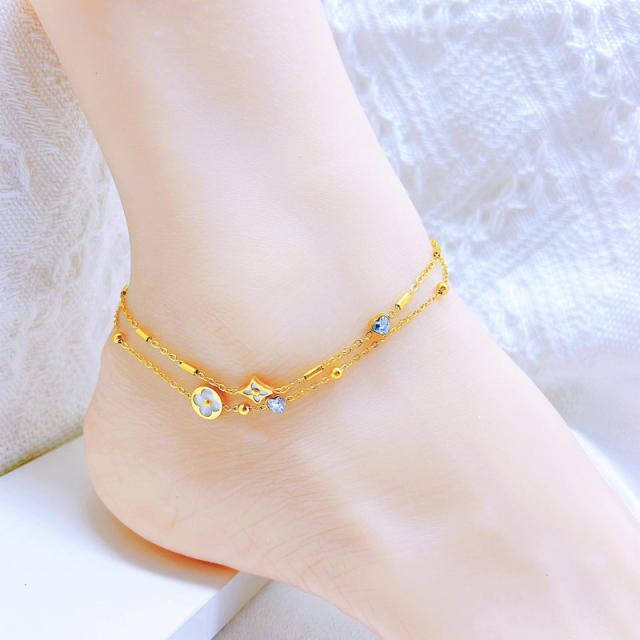 Summer delicate two layer heart flower stainless steel anklet