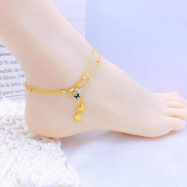 Concise mother shell flower two layer stainless steel anklet