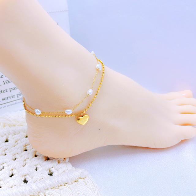 Korean fashion two layer heart charm pearl bead stainless steel anklet