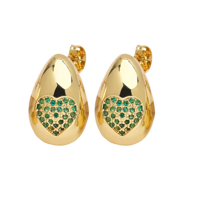 Hot sale colorful diamond heart water drop gold plated copper earrings