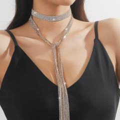 Luxury extra long diamodn tassel women choker necklace lariet necklace