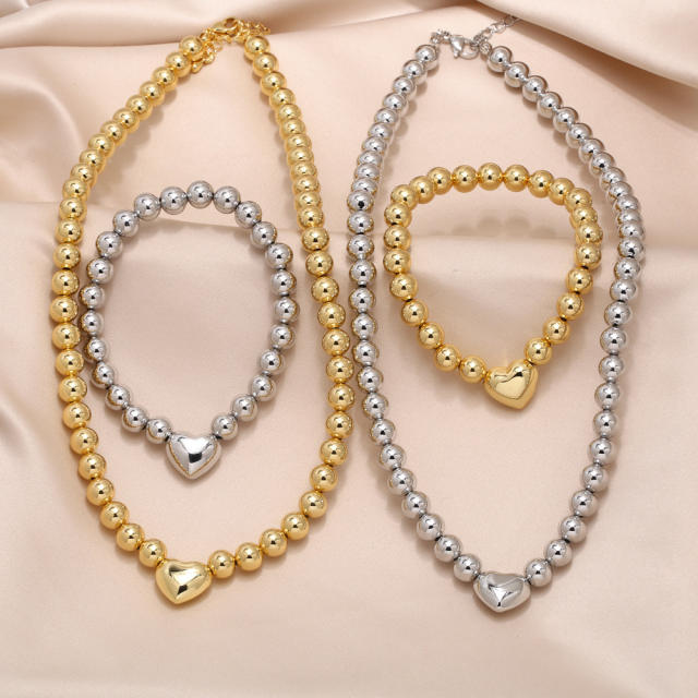 Hot sale chunky heart ball bead chain gold plated copper necklace bracelet set
