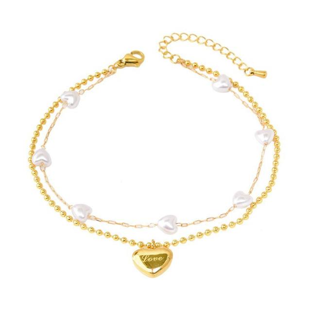Korean fashion two layer heart charm pearl bead stainless steel anklet
