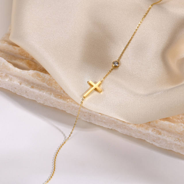 Dainty rhinestone side cross bar stainless steel necklace