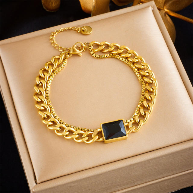 Hiphop black glass stone cuban link chain stainless steel bracelet